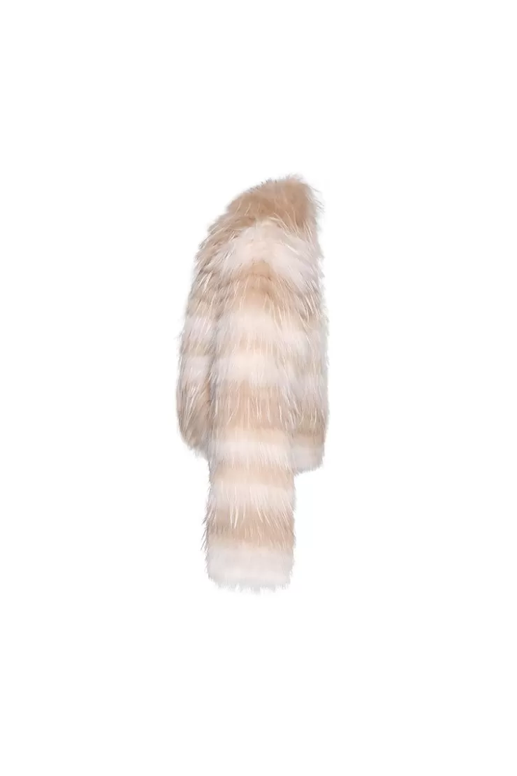Ozlana Striped V Neck Crop Raccoon Fur Jacket(Chestnut Stripe) | Women Full Fur Jackets