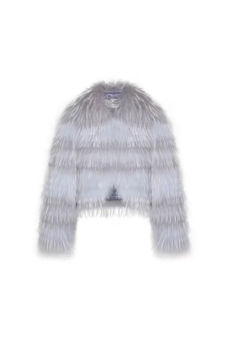 Ozlana Striped V Neck Crop Raccoon Fur Jacket(Grey Stripe) | Women Full Fur Jackets