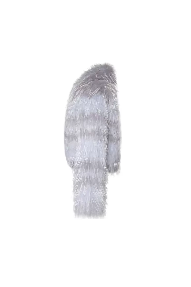 Ozlana Striped V Neck Crop Raccoon Fur Jacket(Grey Stripe) | Women Full Fur Jackets