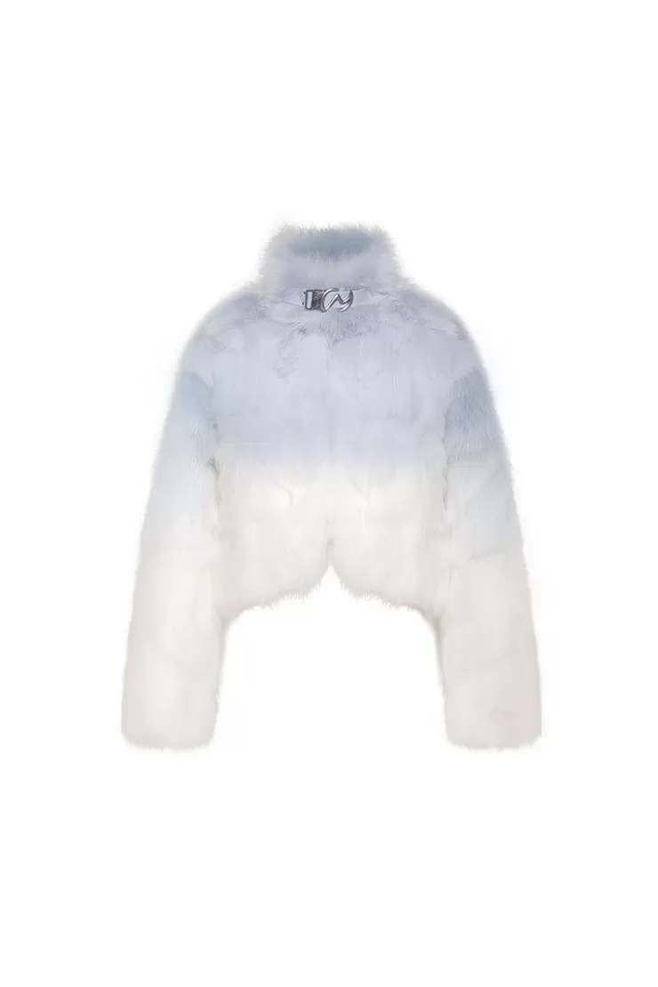 Ozlana Sunrise Gradient Cropped Buckle Neck Fox Fur Jacket (Blue Gradient) | Women Full Fur Jackets