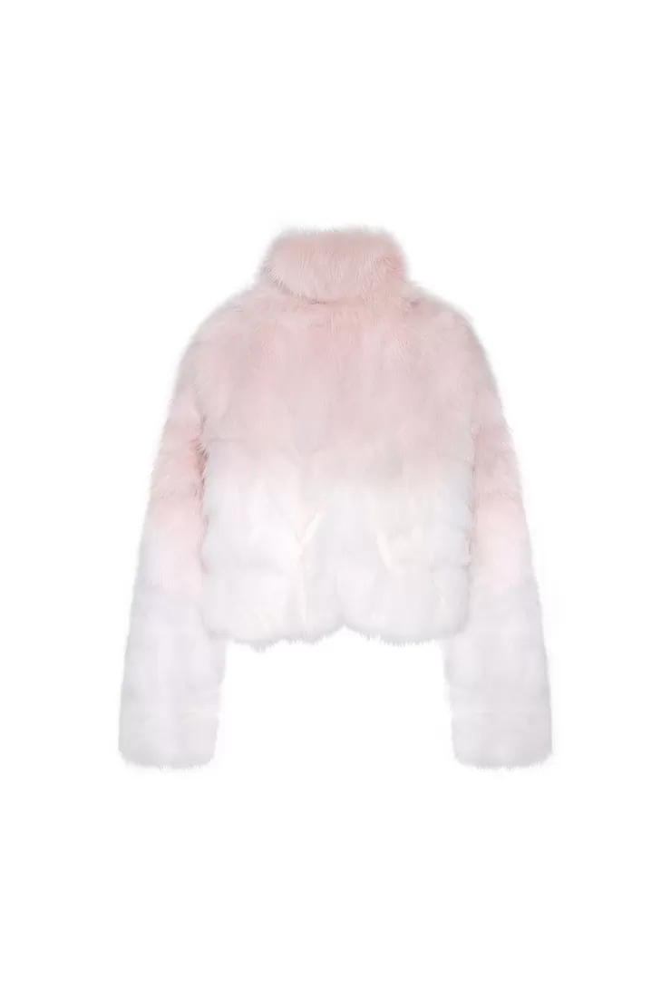 Ozlana Sunrise Gradient Cropped Buckle Neck Fox Fur Jacket (Pink Gradient) | Women Full Fur Jackets
