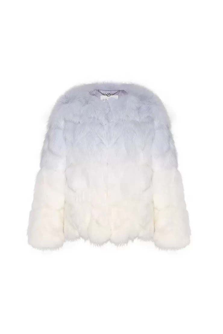 Ozlana Sunrise Gradient Round Neck Fox Fur Jacket (Blue) | Women Full Fur Jackets