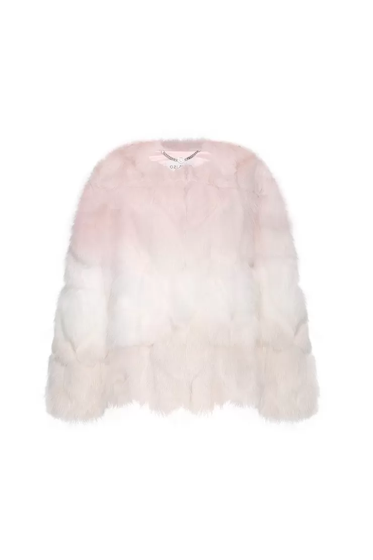 Ozlana Sunrise Gradient Round Neck Fox Fur Jacket (Pink) | Women Full Fur Jackets