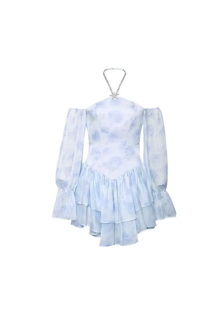 Ozlana The Great Wave Halterneck Ruffle Dress(Blue) | Women Dresses & Sets