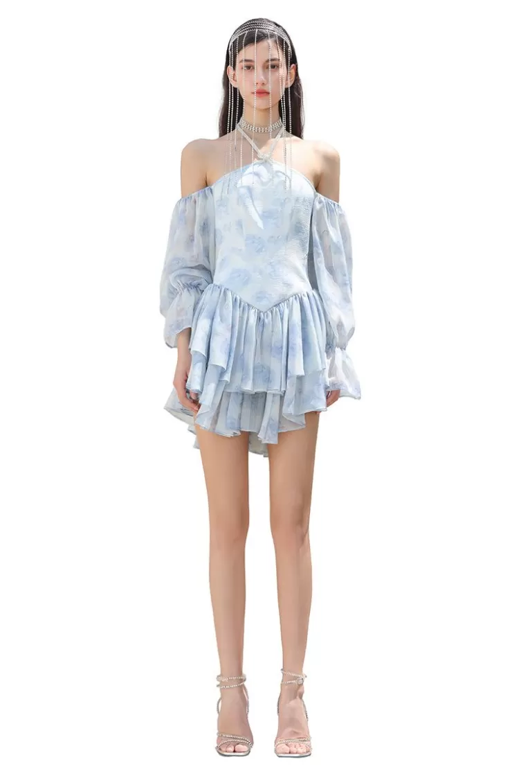 Ozlana The Great Wave Halterneck Ruffle Dress(Blue) | Women Dresses & Sets