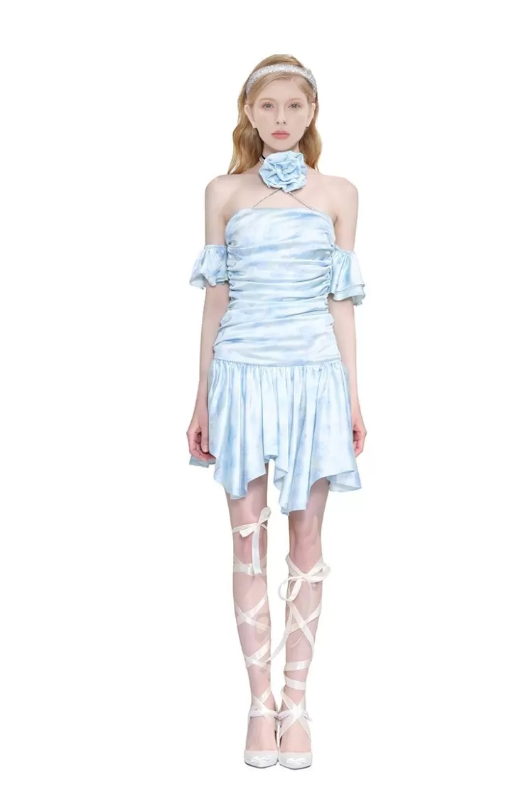 Ozlana Tideflower Draped Dress(Blue) | Women Dresses & Sets