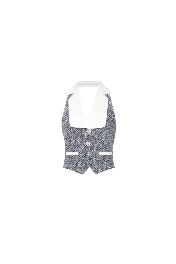 Ozlana Twilled Tweed Waistcoat Halter Vest(Black And Whit) | Women Tops