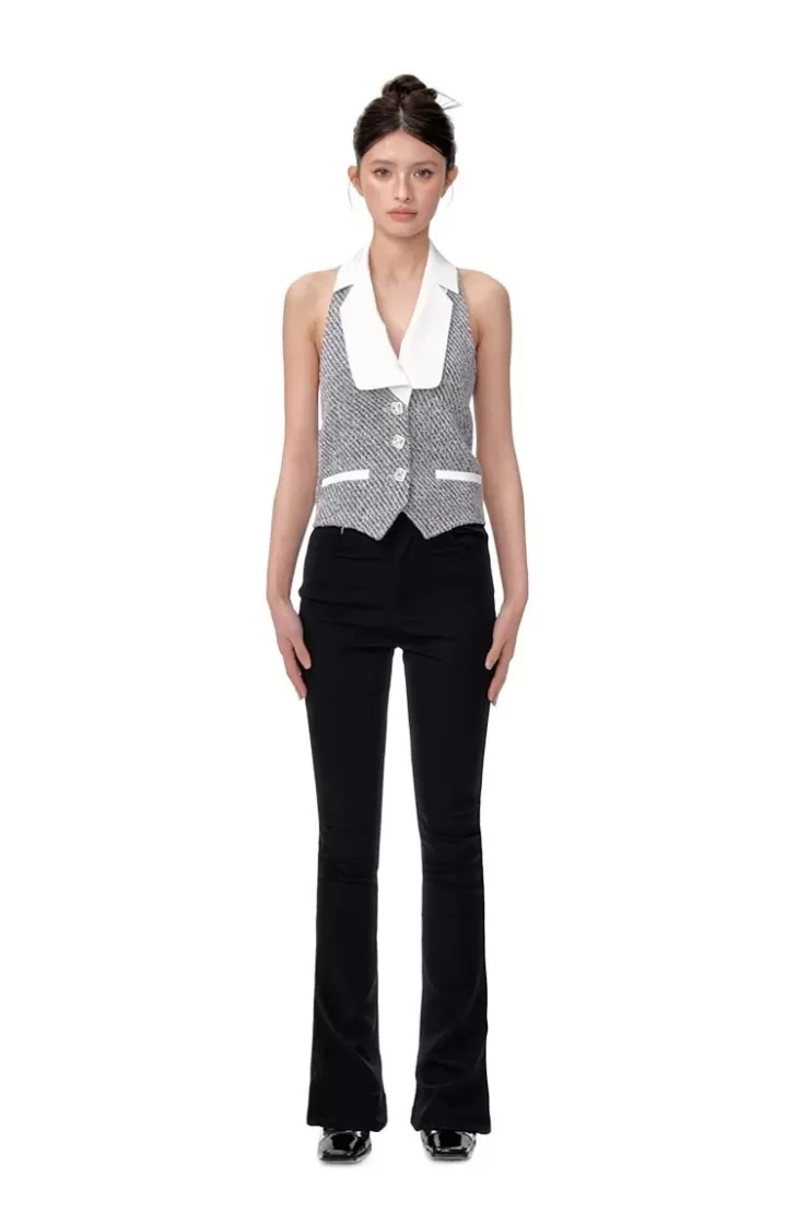 Ozlana Twilled Tweed Waistcoat Halter Vest(Black And Whit) | Women Tops