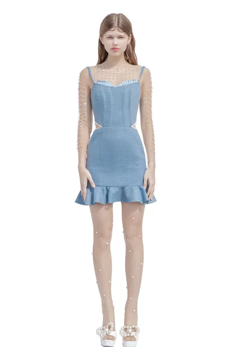 Ozlana Veil Of Water Open Work Mini Dress(Blue) | Women Dresses & Sets