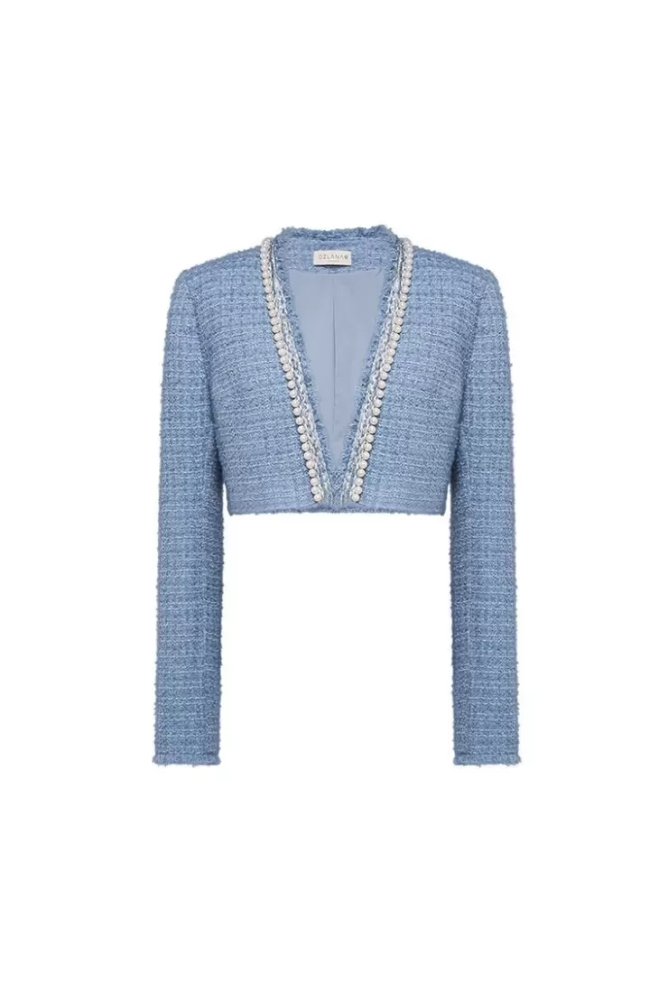 Ozlana Veil Of Water Pearl Trim Jacket(Blue) | Women Tops