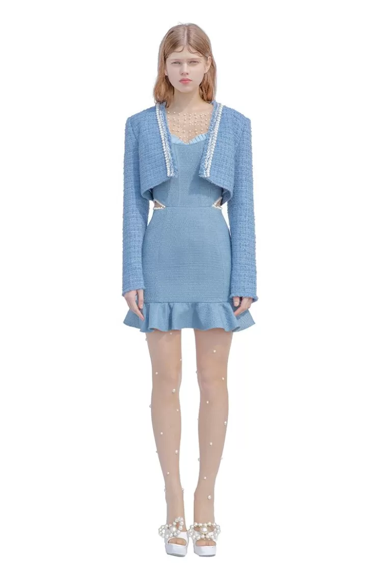 Ozlana Veil Of Water Pearl Trim Jacket(Blue) | Women Tops