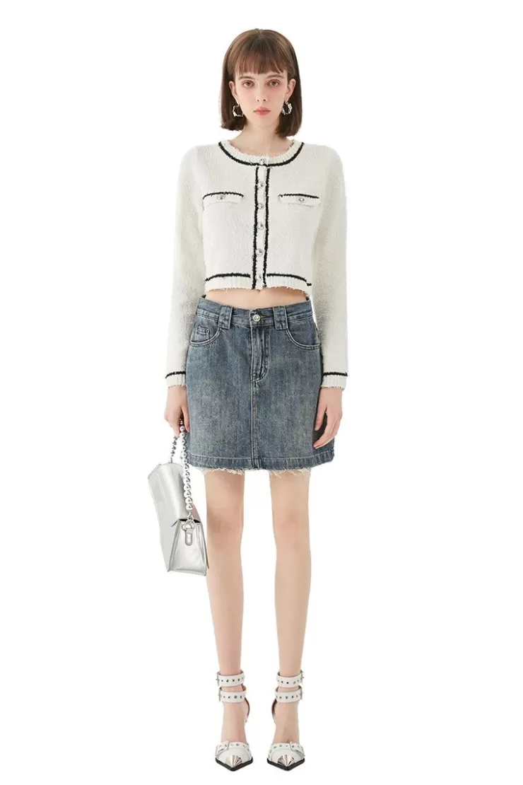 Ozlana Vintage Textured Round Neck Cardigan (White) | Women Tops