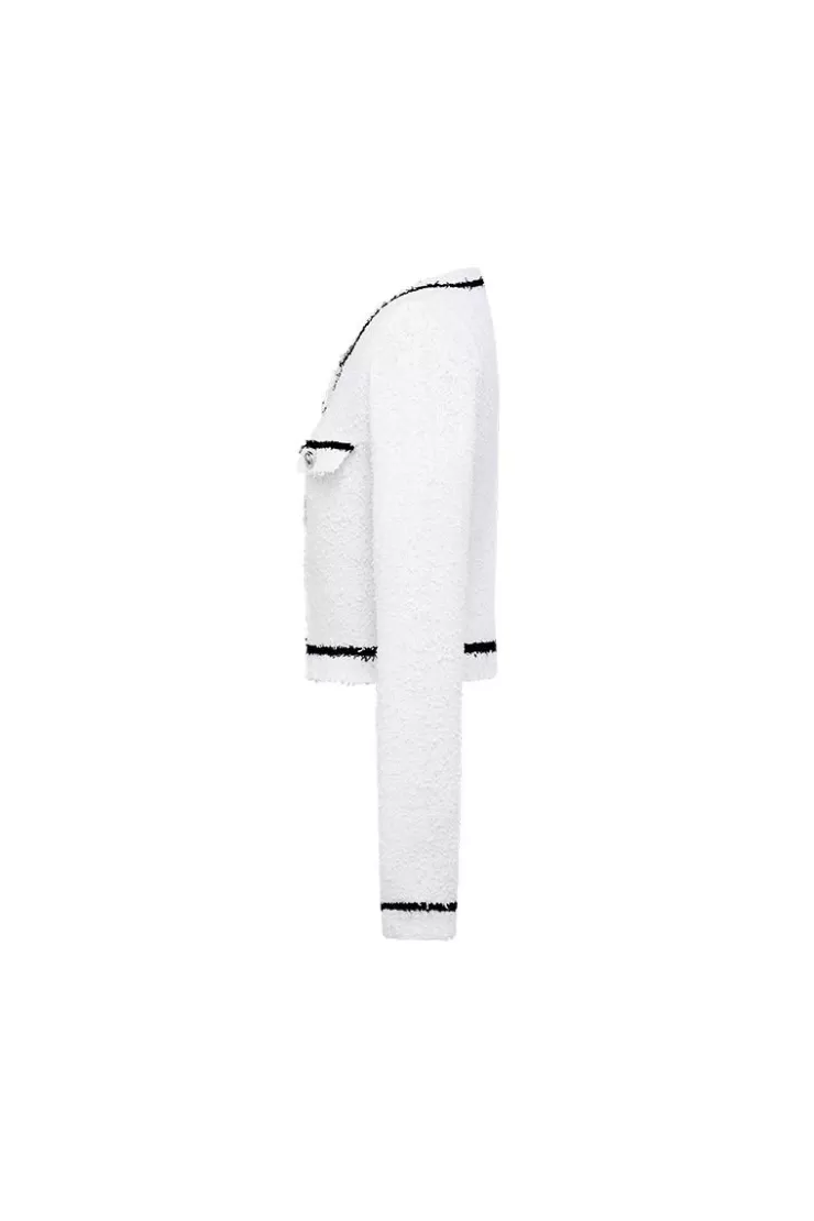 Ozlana Vintage Textured Round Neck Cardigan (White) | Women Knits