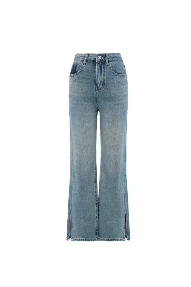 Ozlana Vintage Wash Denim Split Flare Jeans(Denim Blue ) | Women Ozln