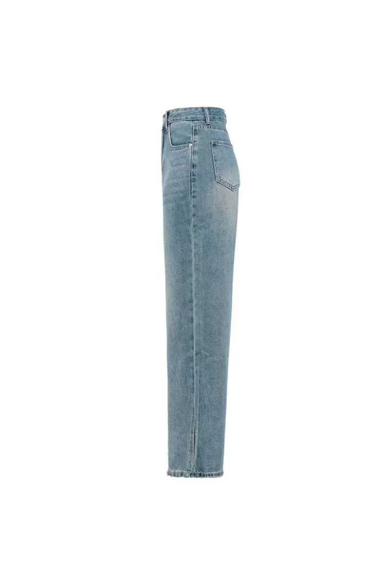Ozlana Vintage Wash Denim Split Flare Jeans(Denim Blue ) | Women Bottoms