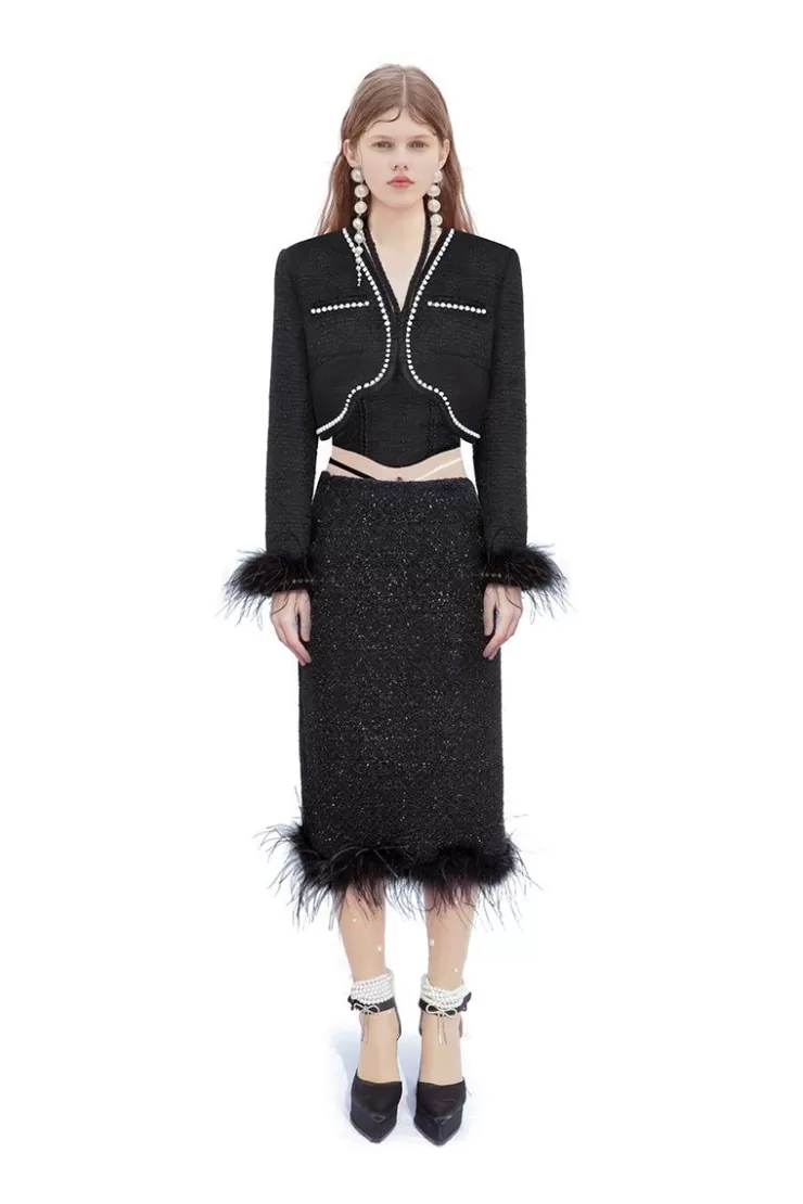 Ozlana Wave Feather Tweed Jacket (Black) | Women Tweeds
