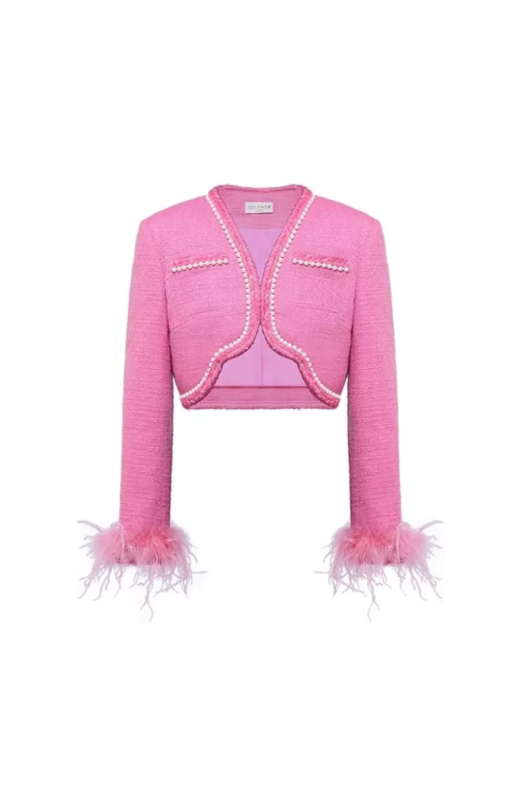 Ozlana Wave Feather Tweed Jacket (Rose Red) | Women Tweeds
