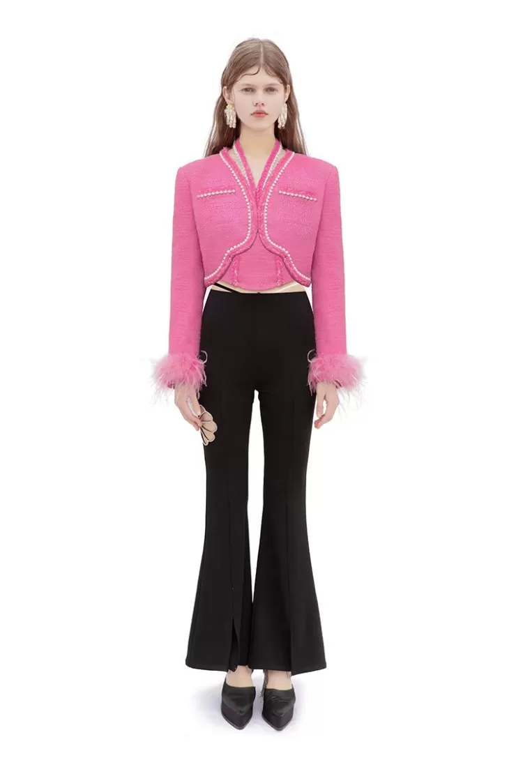 Ozlana Wave Feather Tweed Jacket (Rose Red) | Women Tweeds