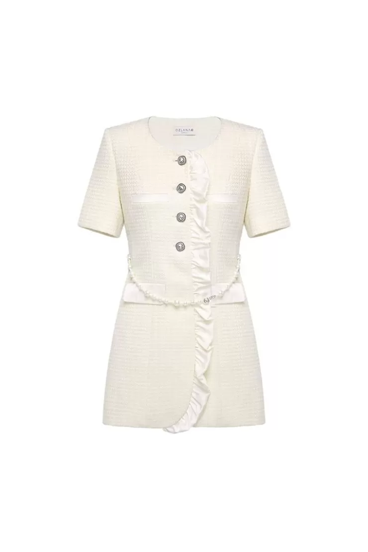 Ozlana Wave Movement Pearl Tweed Dress(Ivory) | Women Tweeds