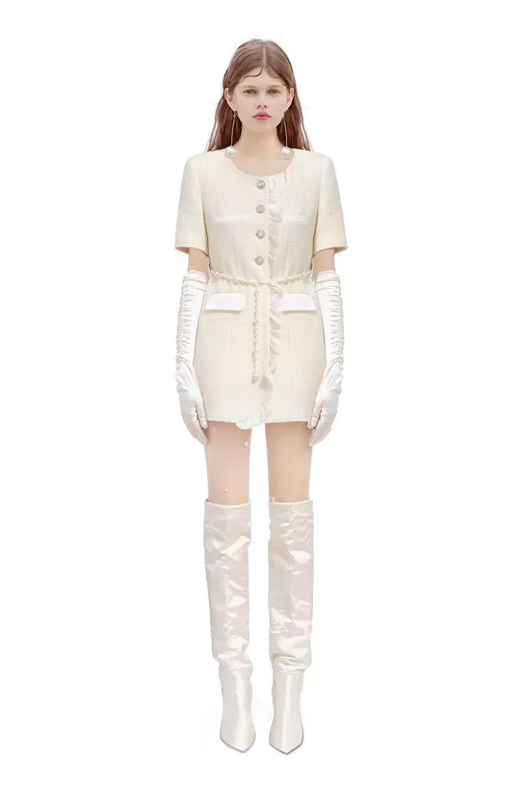 Ozlana Wave Movement Pearl Tweed Dress(Ivory) | Women Tweeds