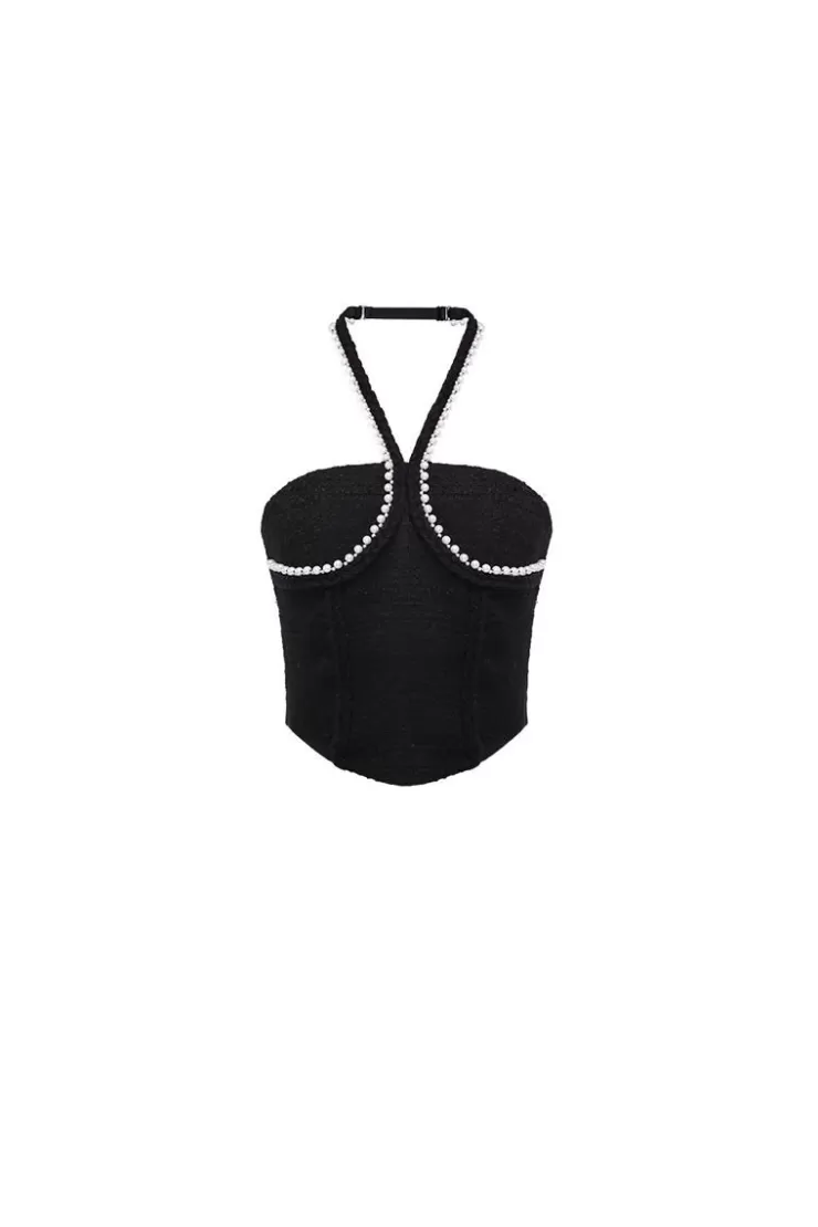 Ozlana Wave Tweed Halterneck Top(Black) | Women Tweeds