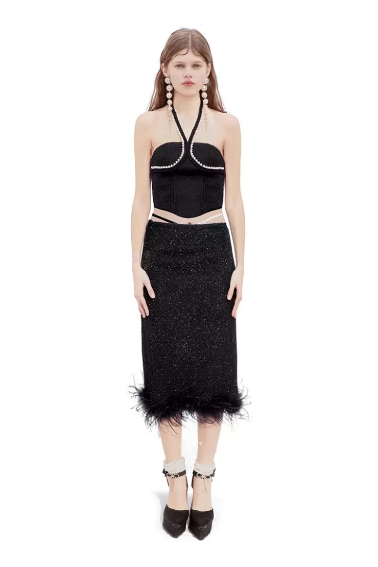 Ozlana Wave Tweed Halterneck Top(Black) | Women Tops