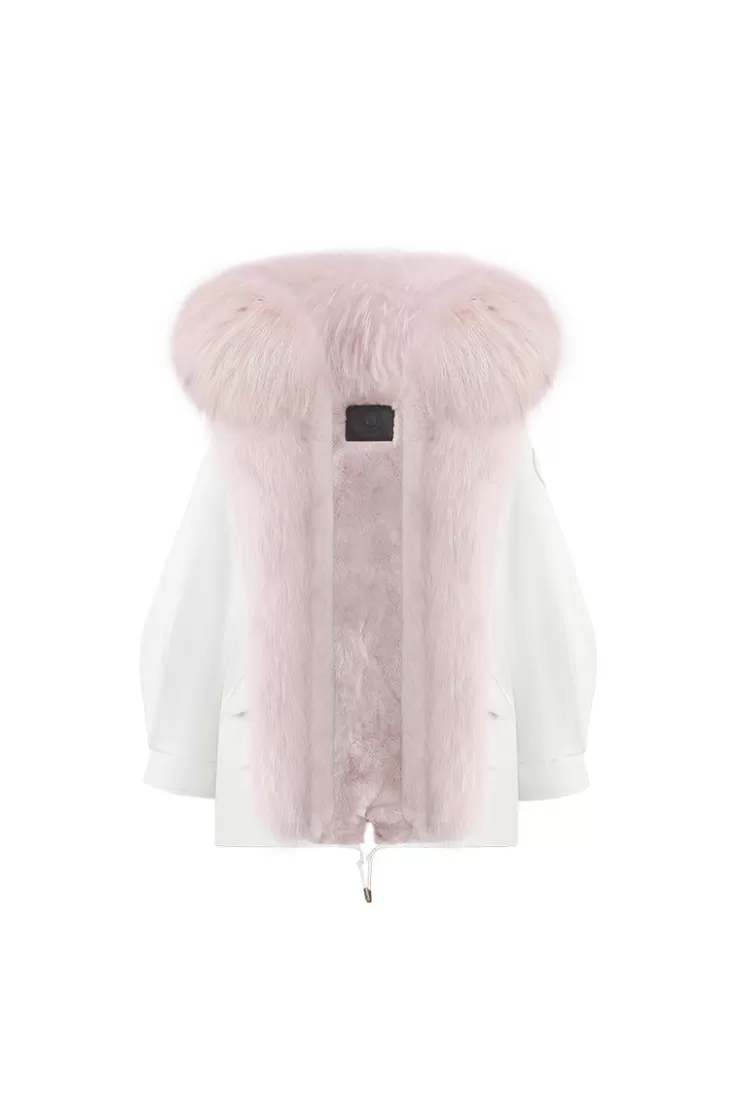 Ozlana White Oversize Parka +Pink Rabbit Fur/Raccoon Fur | Women Classic & Designer Parkas