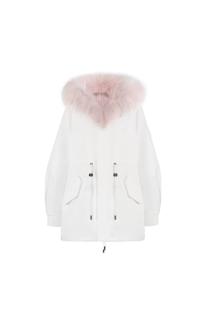 Ozlana White Oversize Parka +Pink Rabbit Fur/Raccoon Fur | Women Classic & Designer Parkas