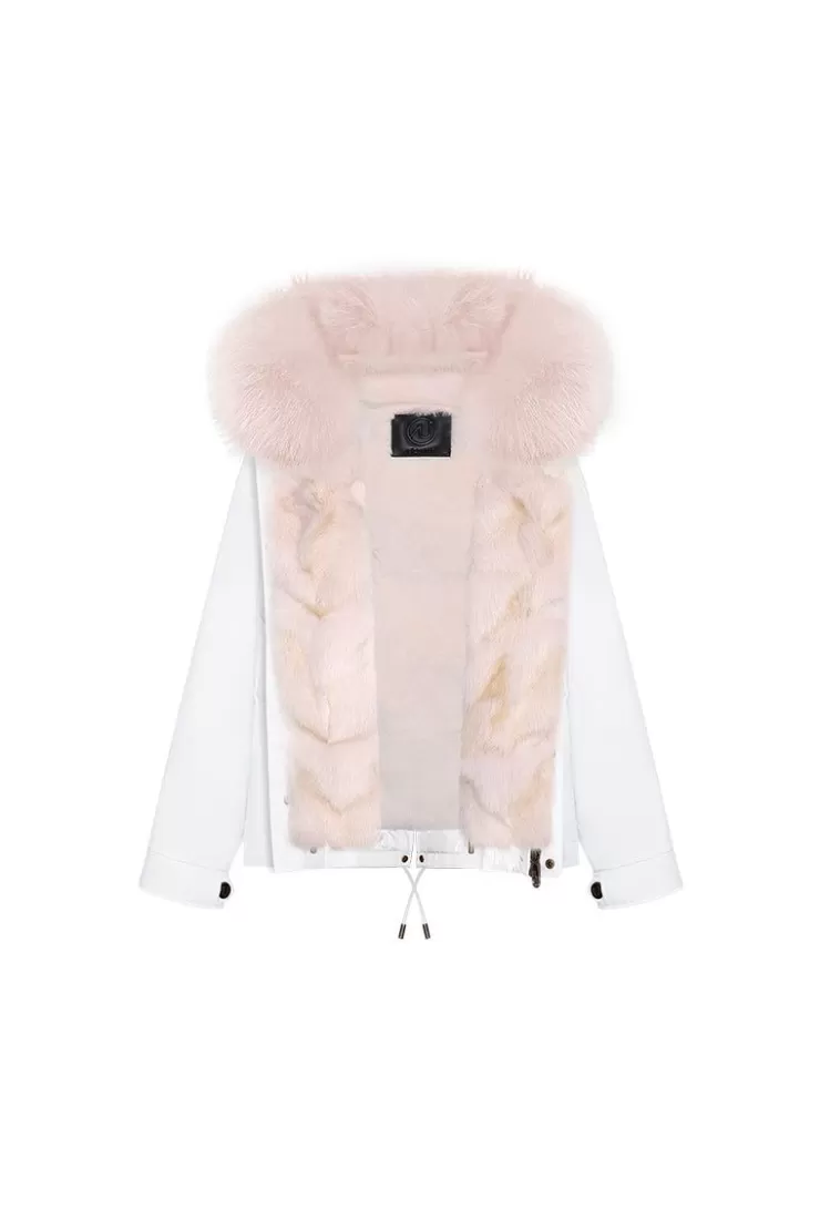 Ozlana White Short Oversize Parka+Pink Snow Fox | Women Classic & Designer Parkas