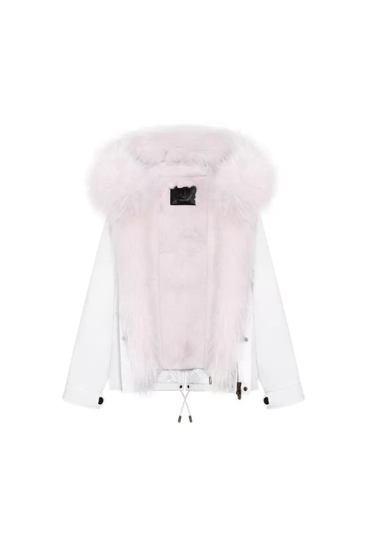 Ozlana White Short Oversize Parka+White Rabbit Fur/Raccoon Fur | Women Classic & Designer Parkas