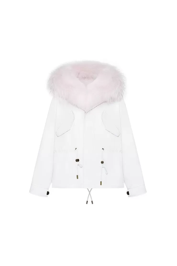 Ozlana White Short Oversize Parka+White Rabbit Fur/Raccoon Fur | Women Classic & Designer Parkas