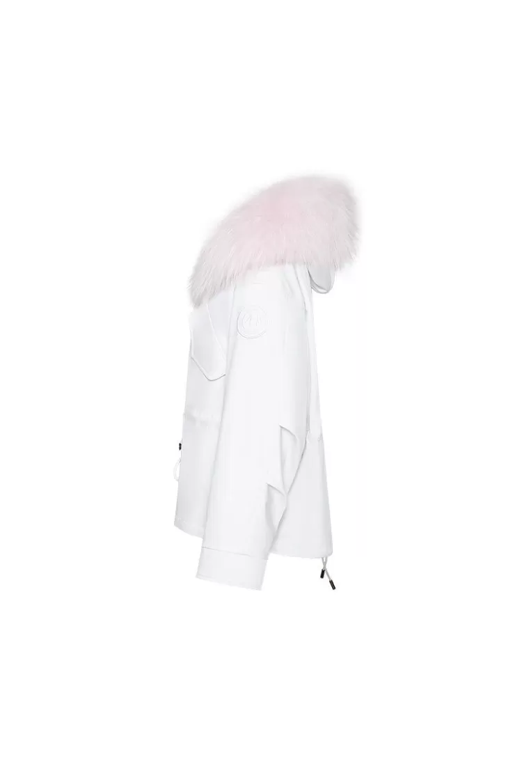 Ozlana White Short Oversize Parka+White Rabbit Fur/Raccoon Fur | Women Classic & Designer Parkas