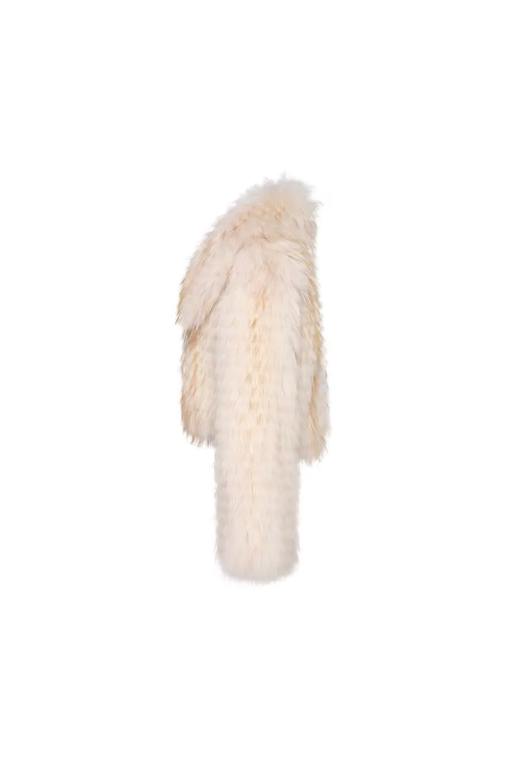 Ozlana Wide Lapel Crop Raccoon Fur Jacket(Cream ) | Women Full Fur Jackets