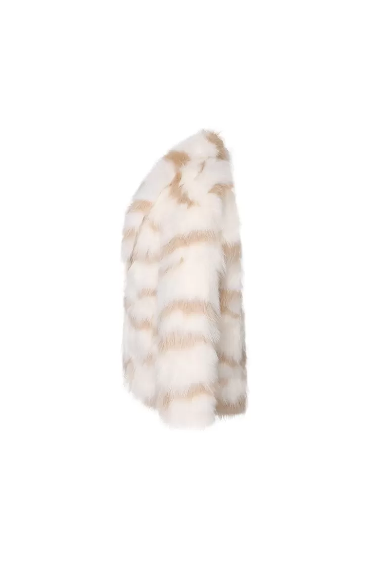 Ozlana Zebra Wide Lapel Racoon Fur Jacket(Cream) | Women Full Fur Jackets